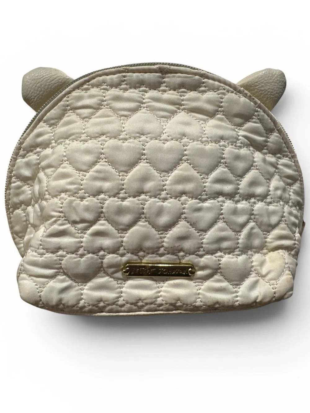 Betsey Johnson Cream Quilted Tiger Face Cosmetic Bag with Blue Eyes